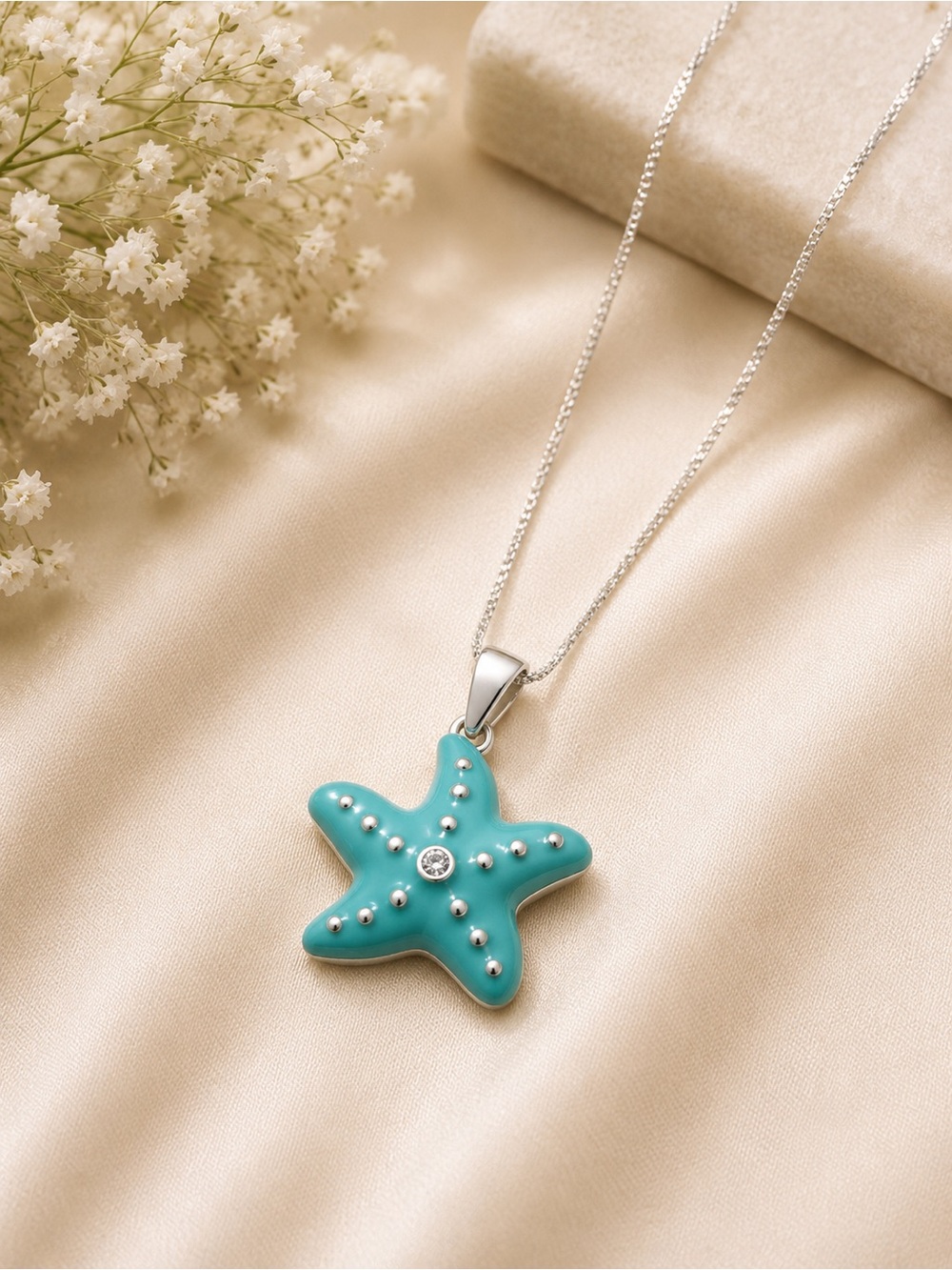 NEW Sterling Silver Enamel Turquoise Cubic Zirconia Starfish Pendant